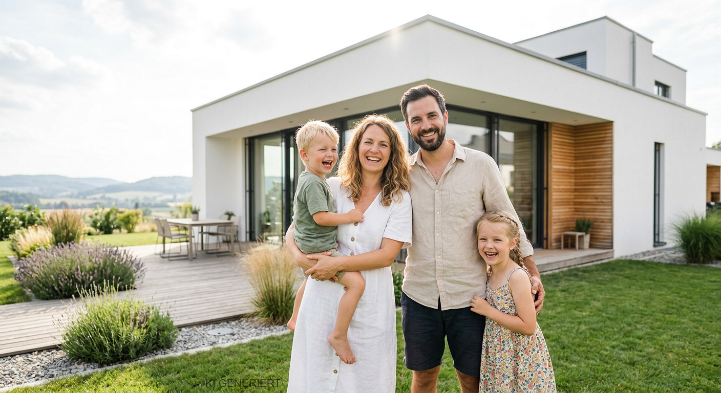 Familie vor modernem Haus im Zollernalbkreis